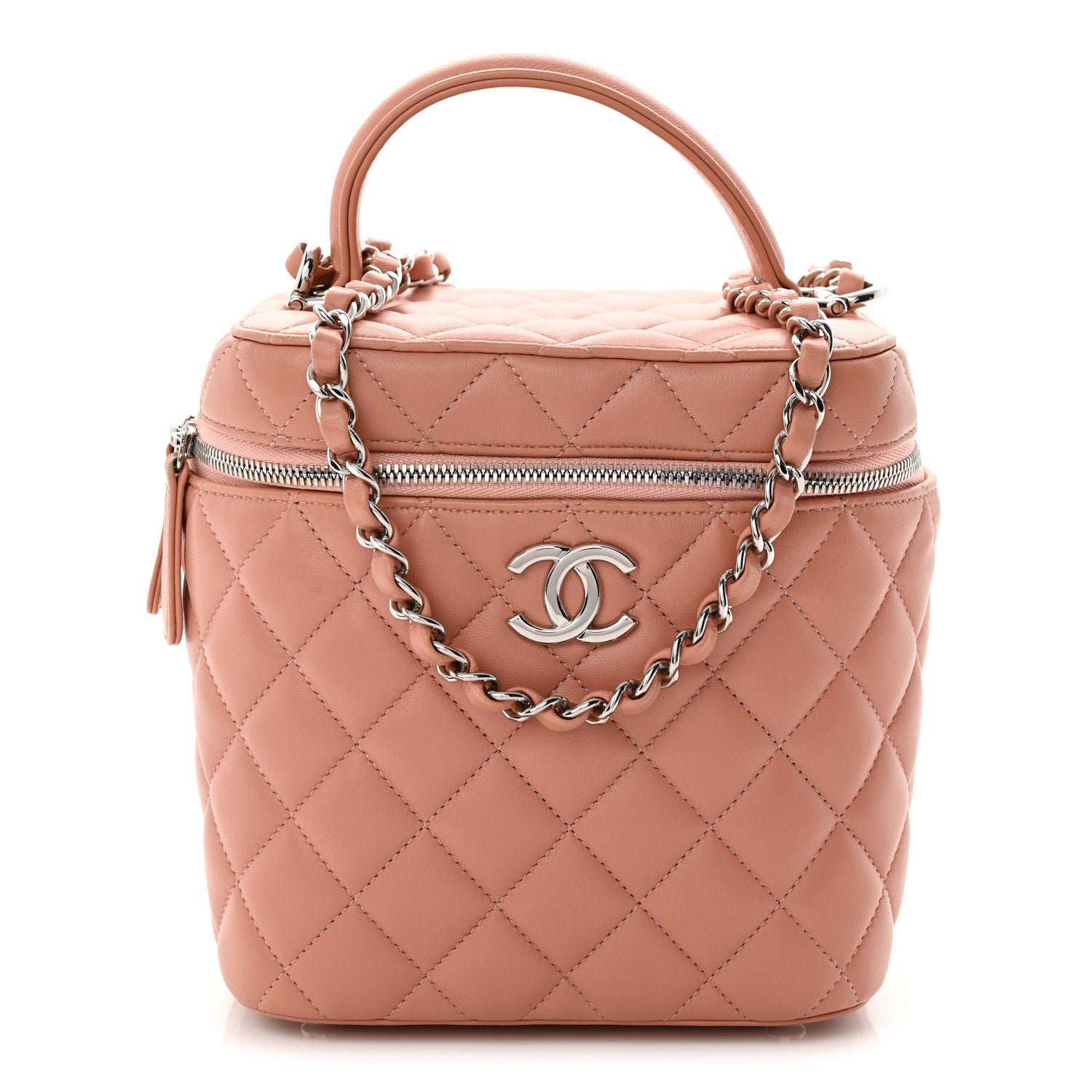 Chanel Lambskin Quilted Top Handle Vanity Case With Chain Light Pink