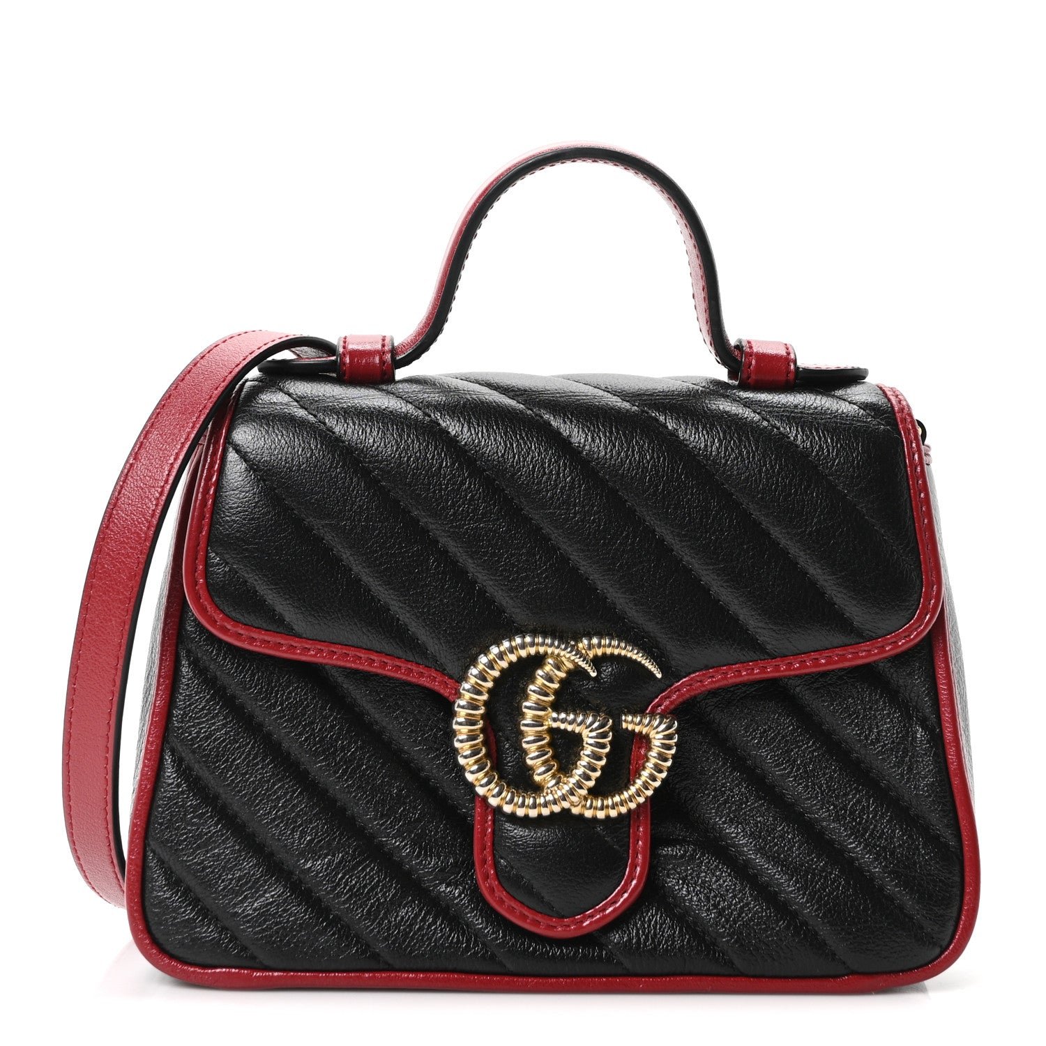 Gucci Vintage Effect Calfskin Matelasse Diagonal Mini Torchon GG Marmont Top Handle Shoulder Bag Black Romantic Cherry
