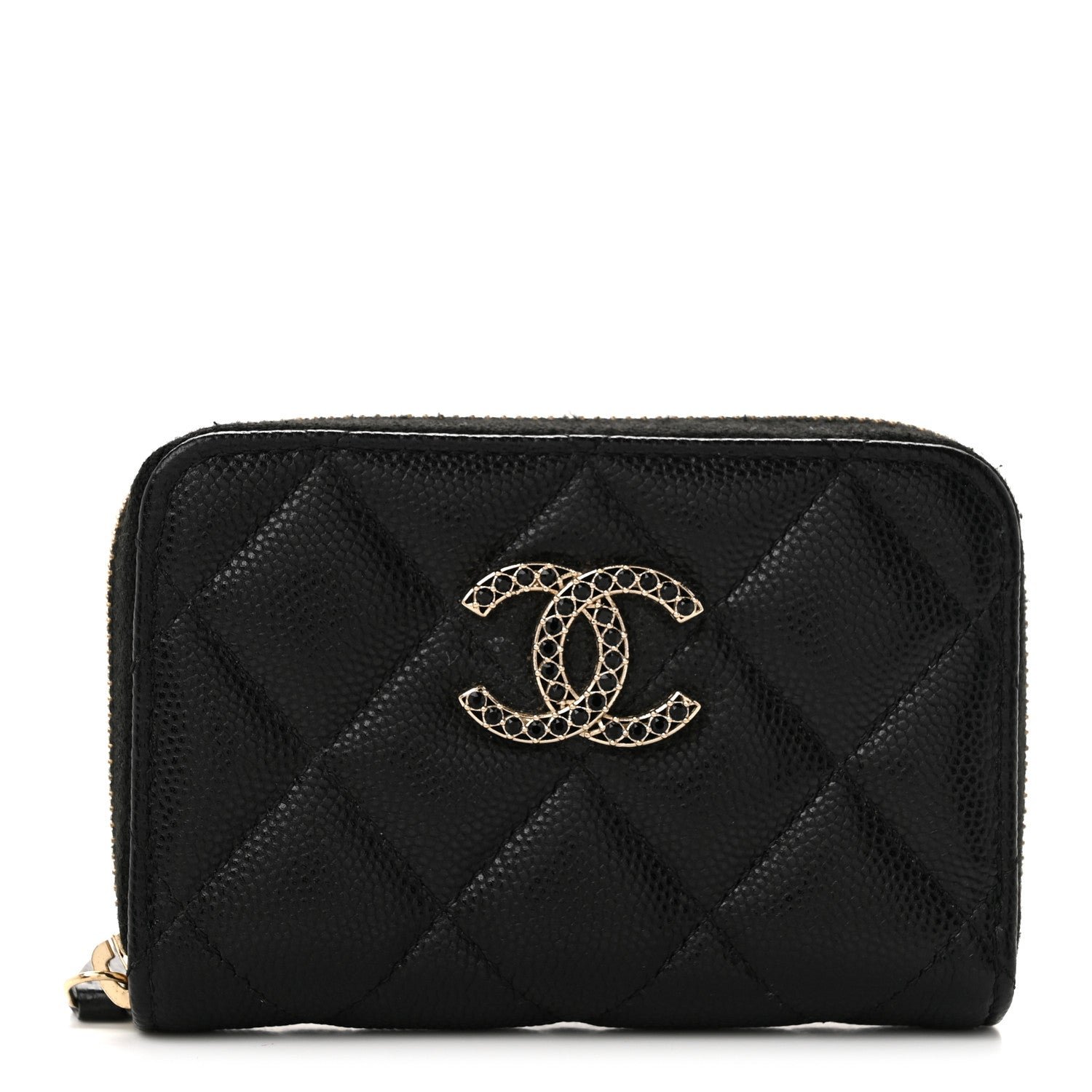 Chanel Shiny Caviar Quilted Strass CC Zip Coin Purse Black