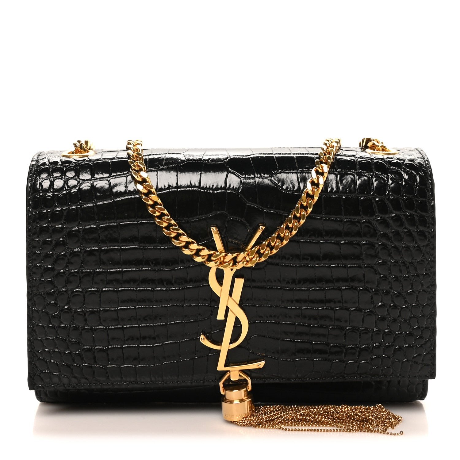 Saint Laurent Calfskin Crocodile Embossed Small Classic Monogram Kate Tassel Satchel Black