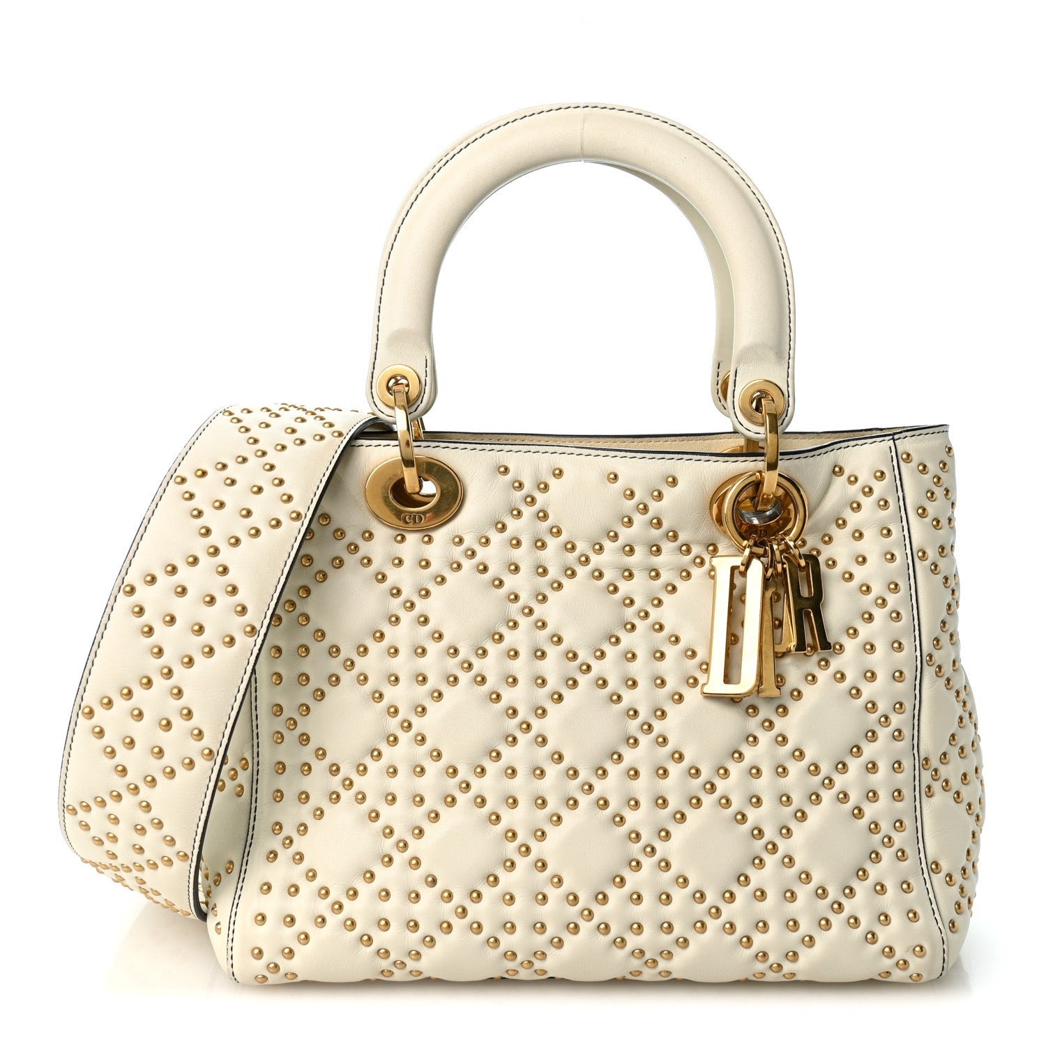 Christian Dior Calfskin Cannage Studded Medium Supple Lady Dior White