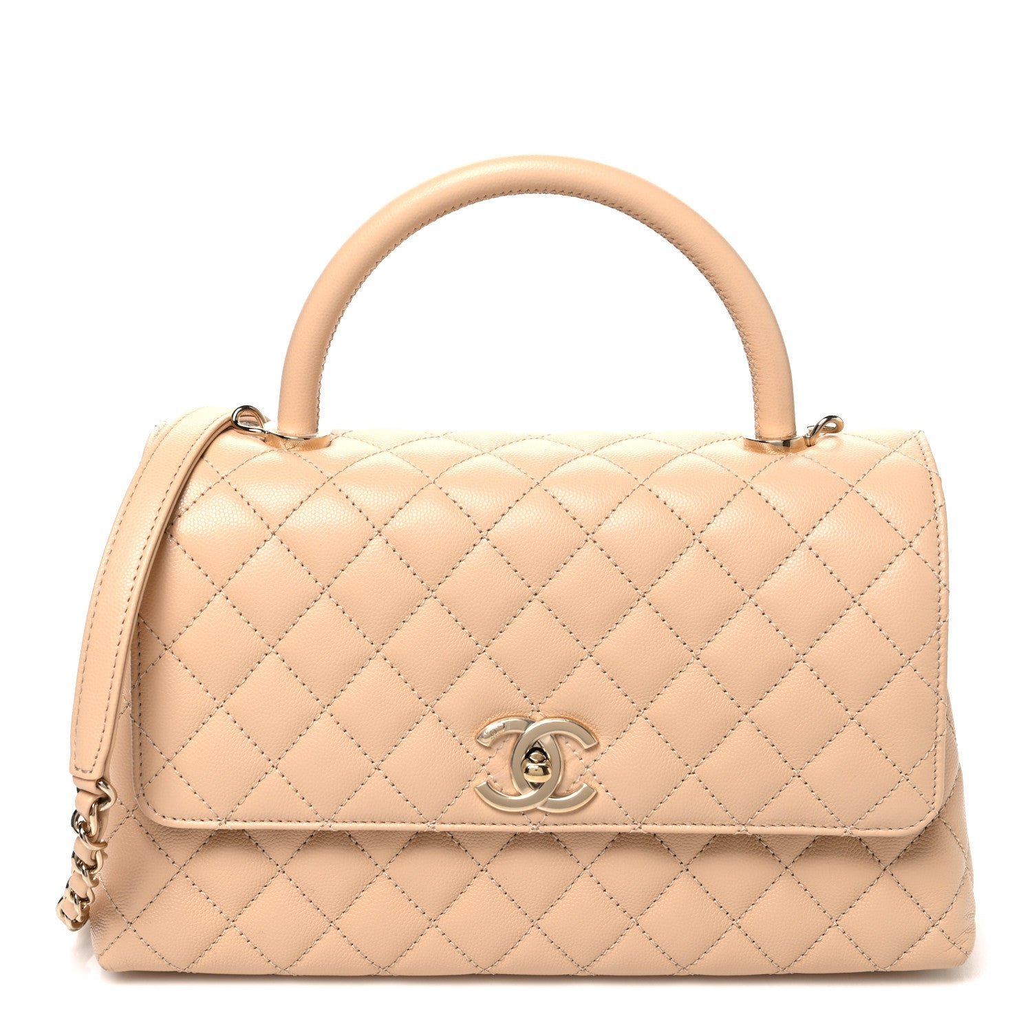 Caviar Quilted Small Coco Handle Flap Beige