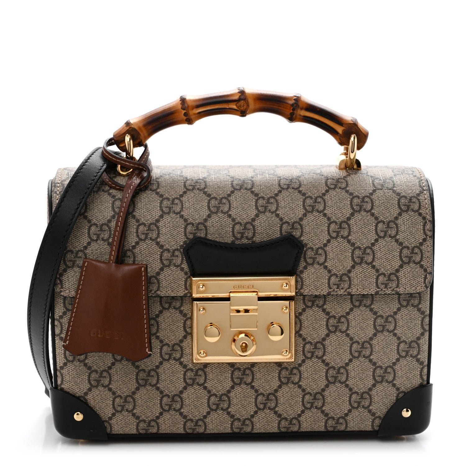 Gucci GG Supreme Monogram Small Padlock Bamboo Shoulder Bag Beige Black Cuir