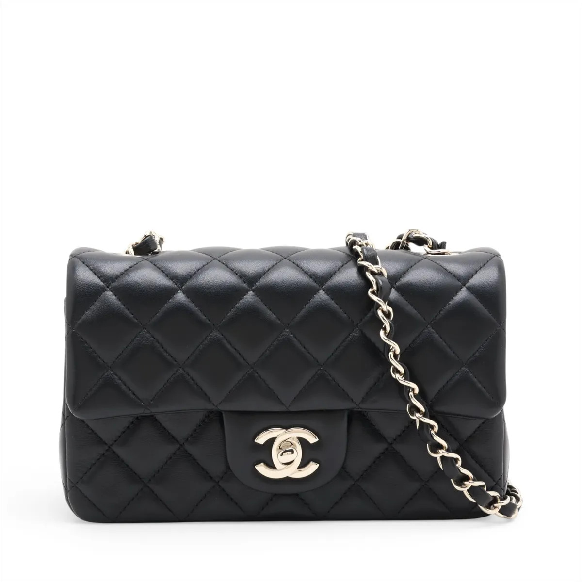 Chanel Mini Matelasse 20 Lambskin Single Flap Single Chain Bag Black Gold Metal