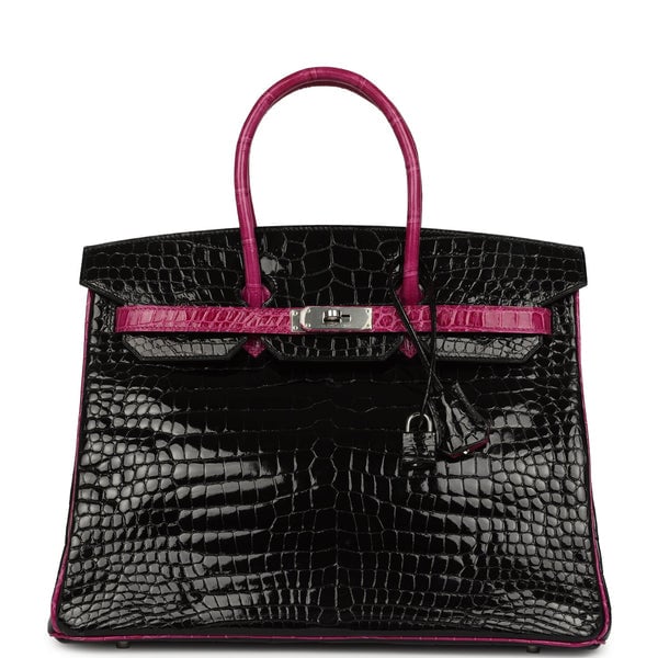 Hermes Pre-owned Hermes Special Order (HSS) Birkin 35 Rose Pourpre and Black Shiny Porosus Crocodile Palladium Hardware