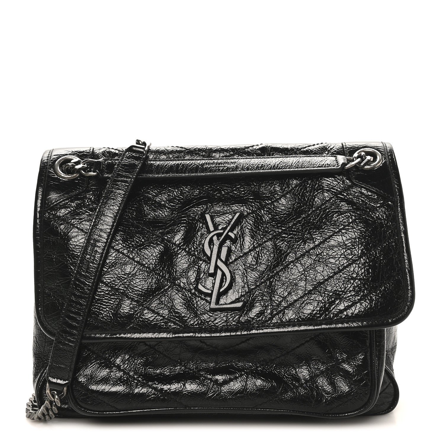 Saint Laurent Crinkled Calfskin Matelasse Monogram Medium Niki Chain Satchel Black
