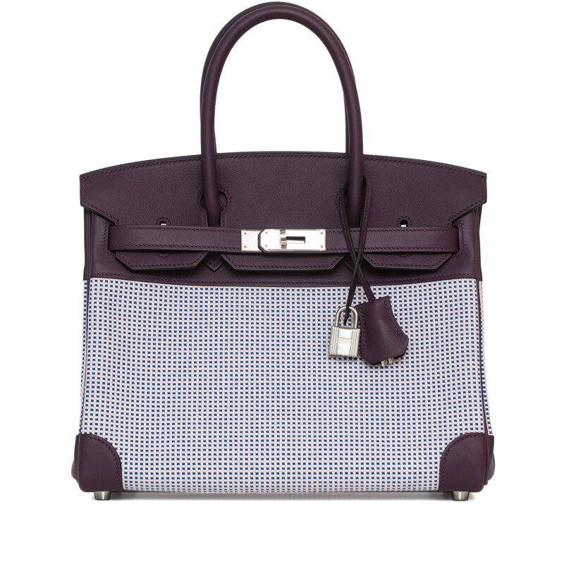 Hermes Ecru Mauve Bleu Quadrille Canvas/Swift Palladium Birkin 30 Palladium Hardware, 2024