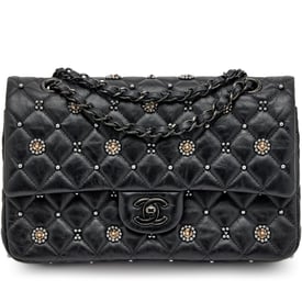 Chanel Black Quilted Crumpled Calfsksin Bejewelled Beaded Embellished Medium Classic Double Flap Black Hardware, 2022