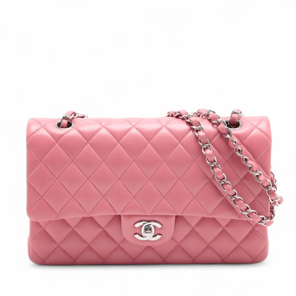 Chanel Matelasse 25 Lambskin Double Flap Double Chain Bag Pink Silver Metal Fitt