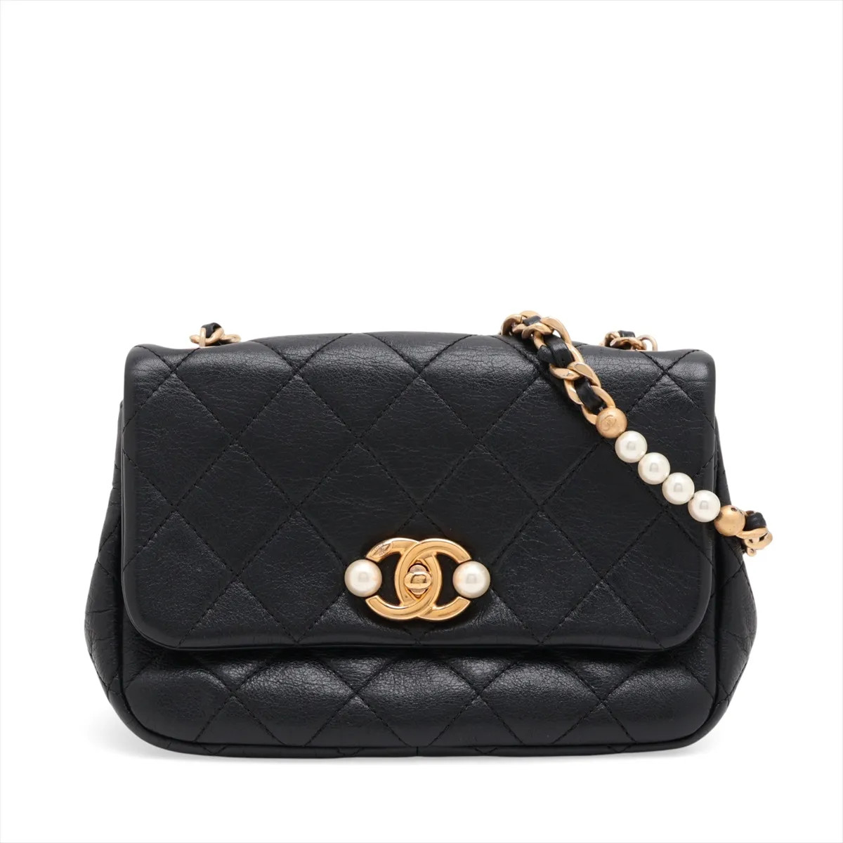 Chanel Mini Matelasse Leather Chain Shoulder Bag Pearl Black Gold Metal Fittings