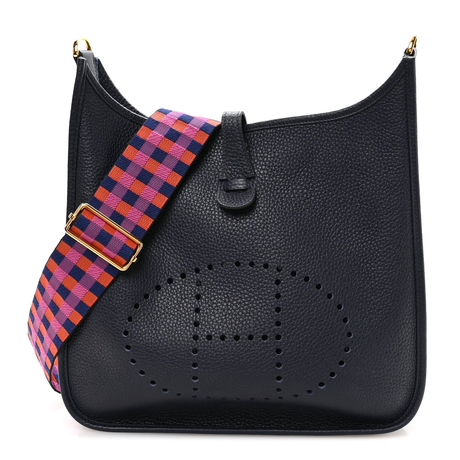 Hermes Taurillon Clemence Quadrille Evelyne III PM Bleu Nuit Bleu Saphir Anemone Capucine