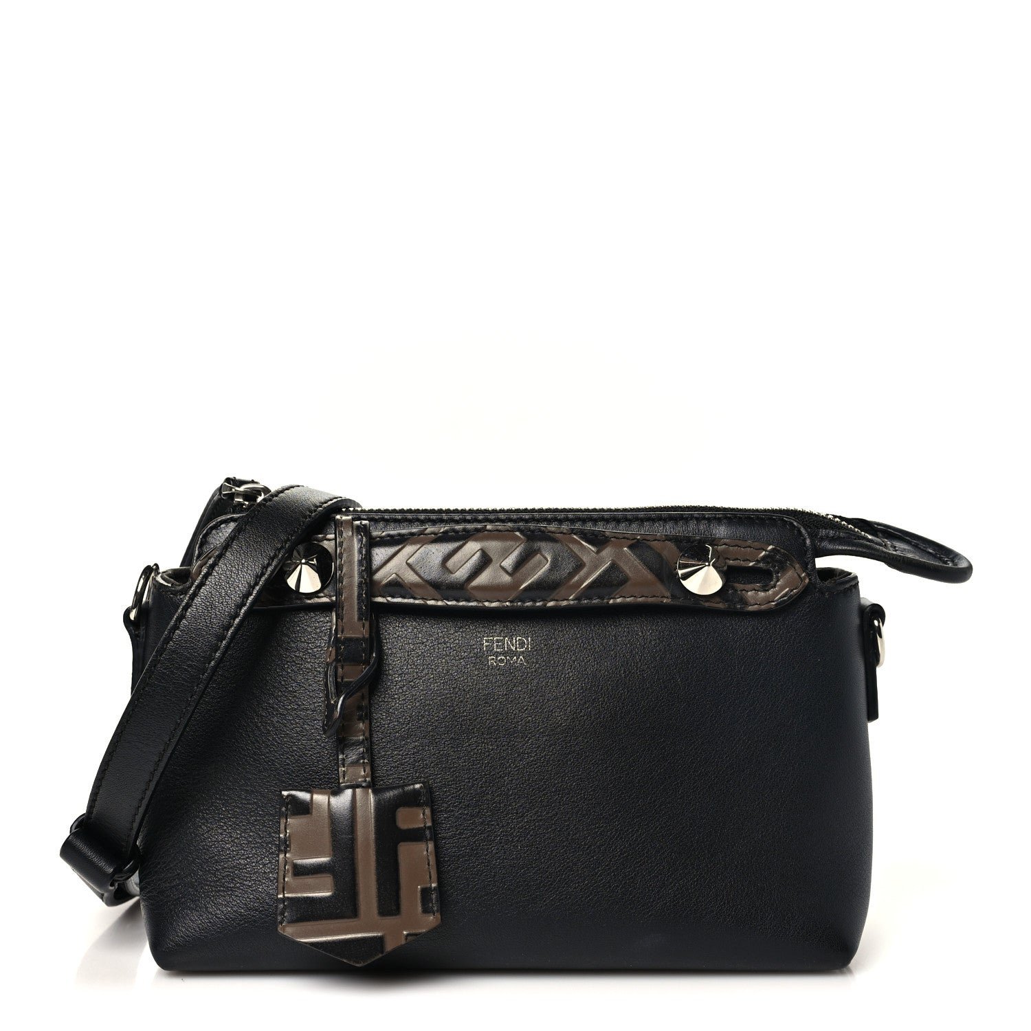 Fendi Vitello Dolce Bi-Color FF 1974 Embossed Mini By The Way Boston Bag Black Maya