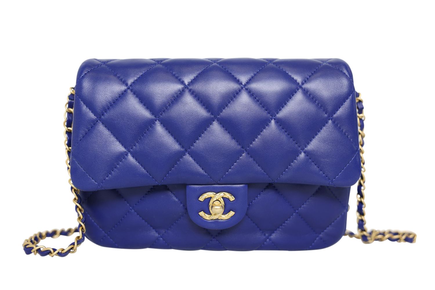 Chanel Chain Around Small Flap Bag, Blue Quilted Lambskin and Gold Hardware, Preowned in Box WA001