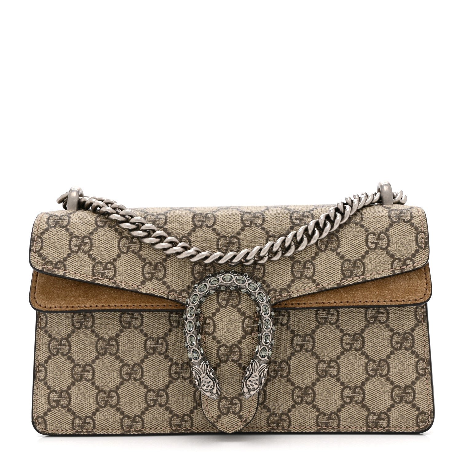 Gucci GG Supreme Monogram Suede Crystal Small Dionysus Shoulder Bag Beige Ebony Taupe