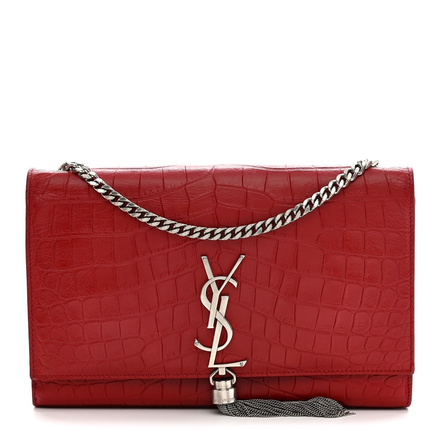 Saint Laurent Calfskin Crocodile Embossed Medium Classic Monogram Kate Tassel Satchel New Red