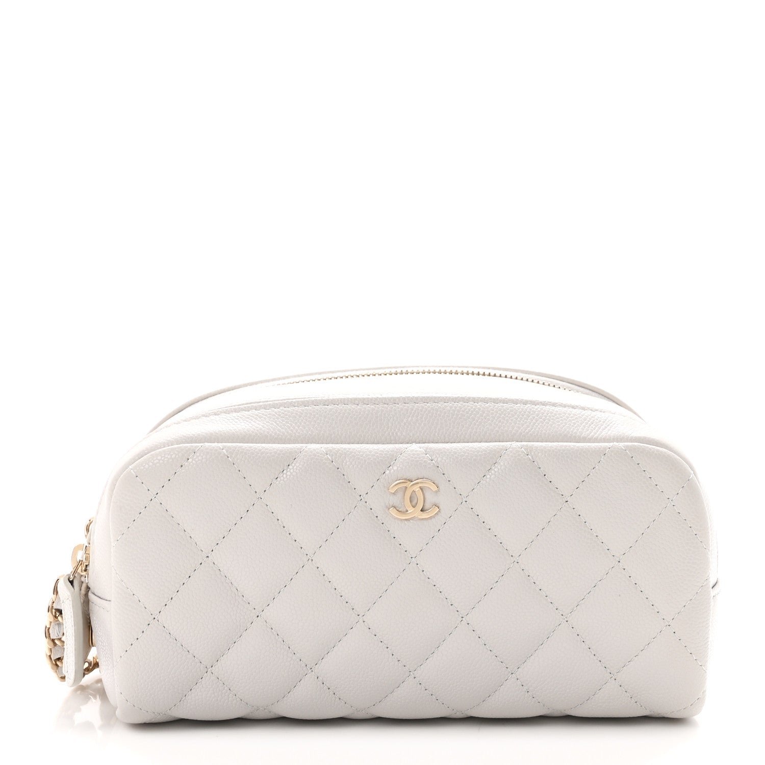 Chanel Caviar Quilted Double Zip Pouch Cosmetic Case Light Grey