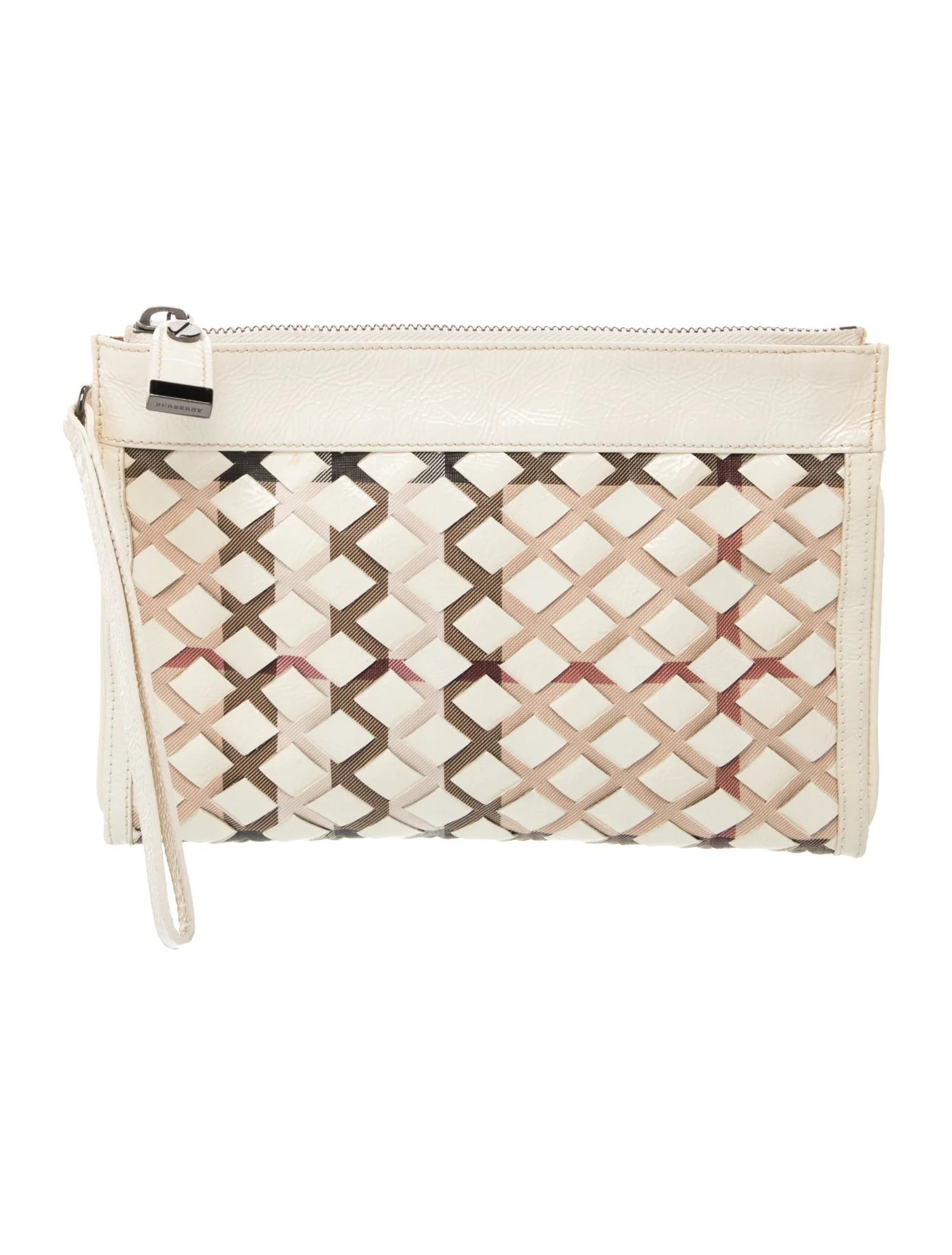 Patent Leather Laser-Cut Mesh Classic Check Zip Clutch Medium