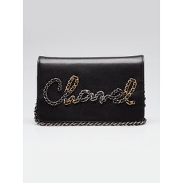 Chanel Black Lambskin Leather Written In Chain WOC Clutch Bag