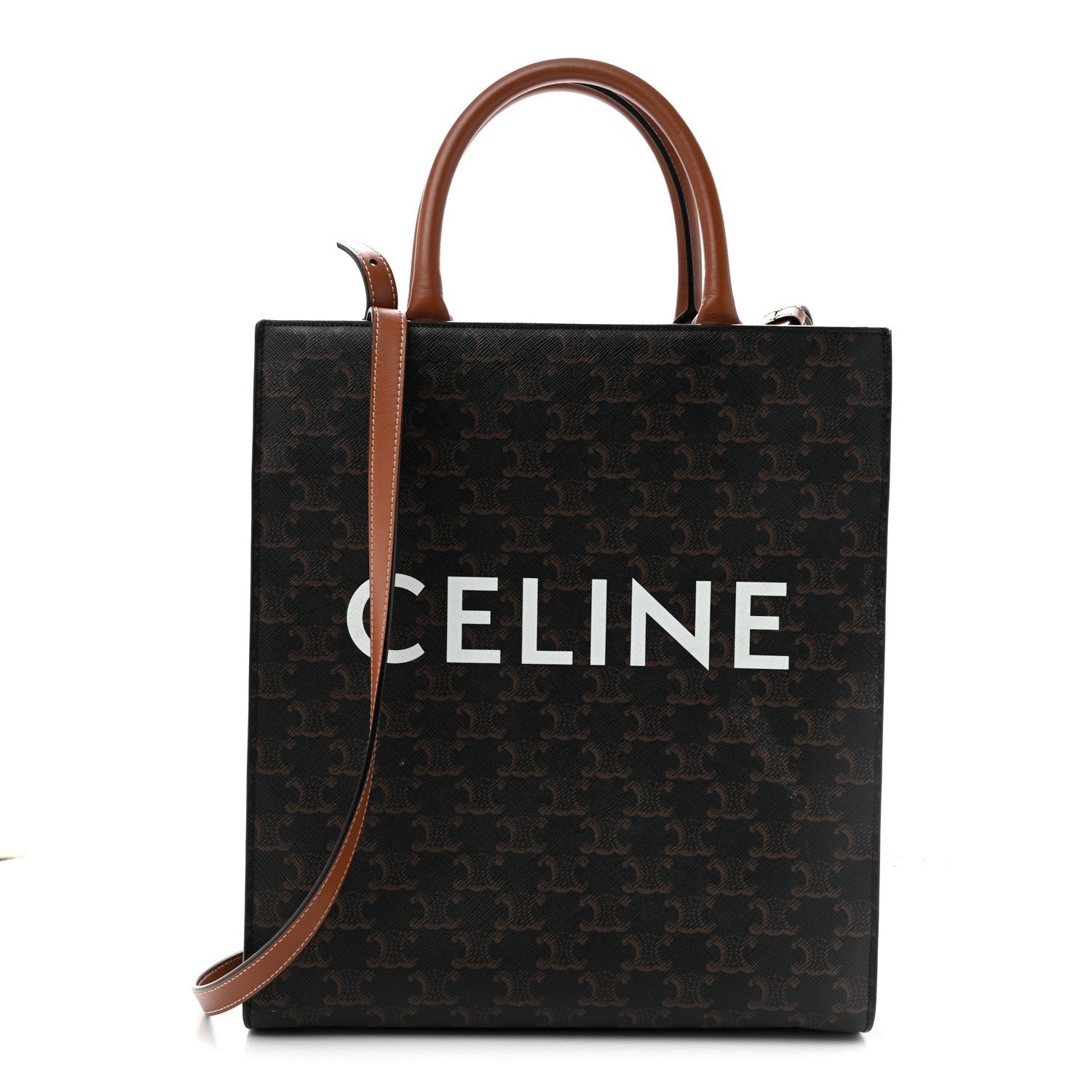 Celine Triomphe Canvas Calfskin Small Vertical Cabas Tan
