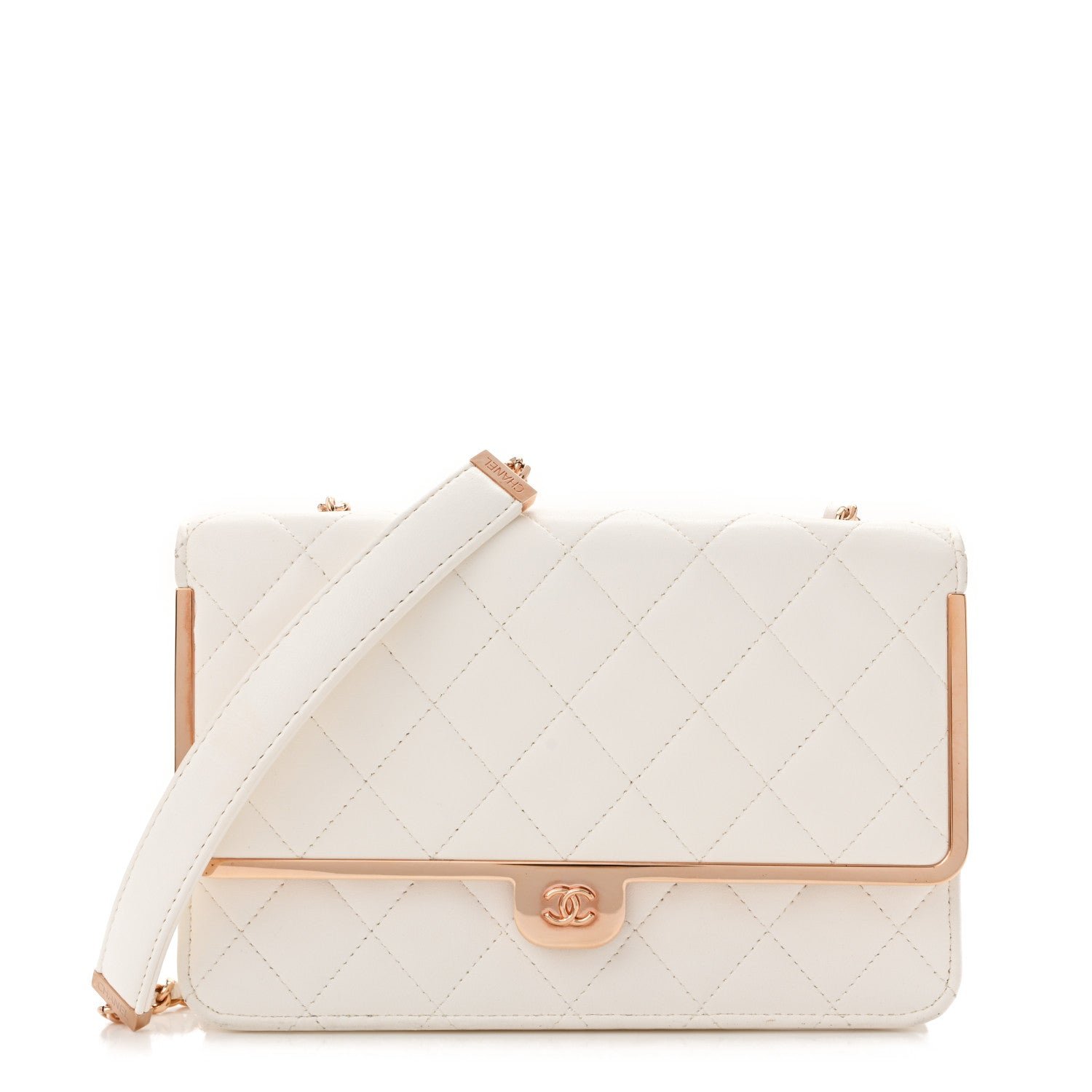 Chanel Lambskin Quilted Frame Wallet On Chain WOC White