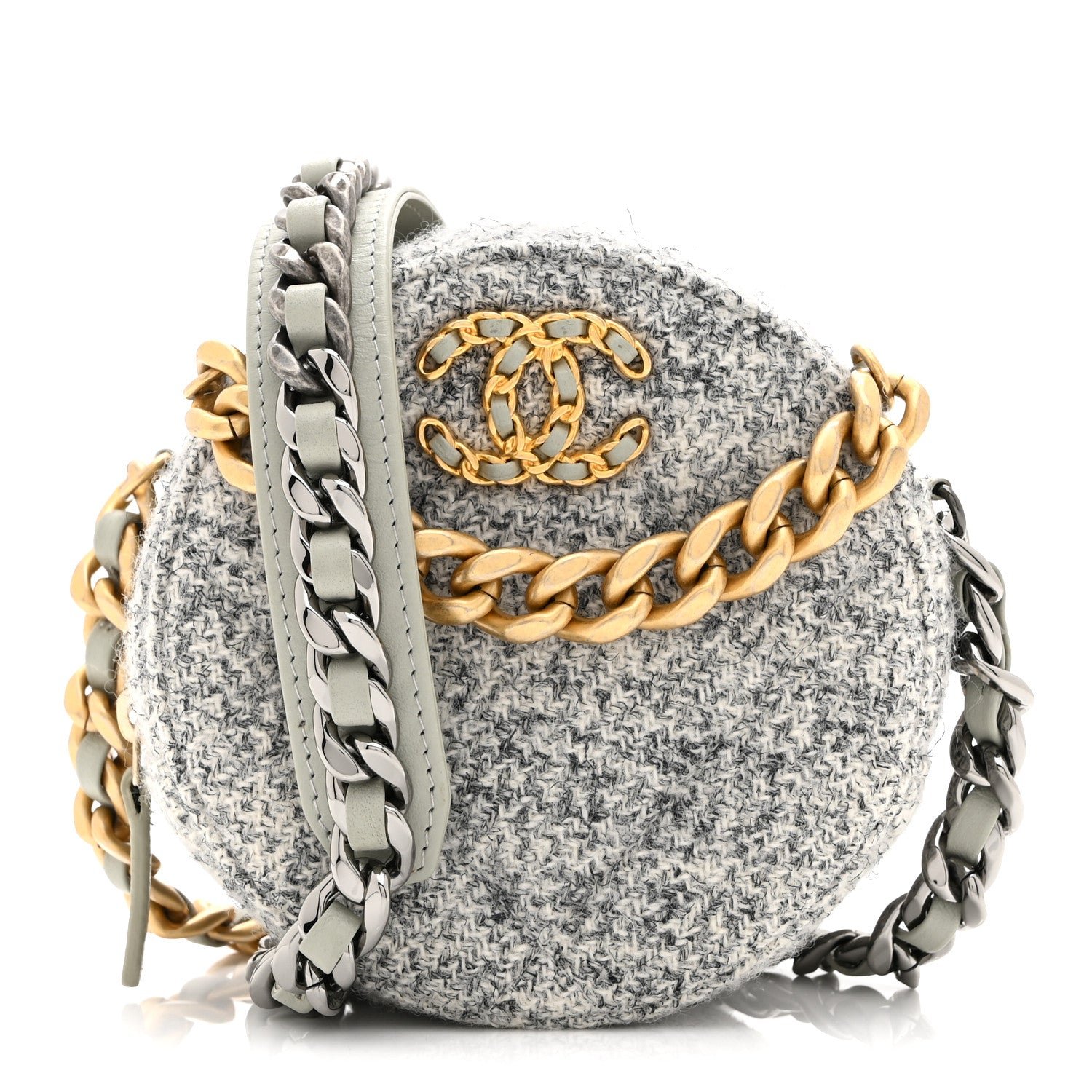 Chanel Wool Tweed Lambskin Quilted Chanel 19 Round Clutch With Chain Grey Ecru