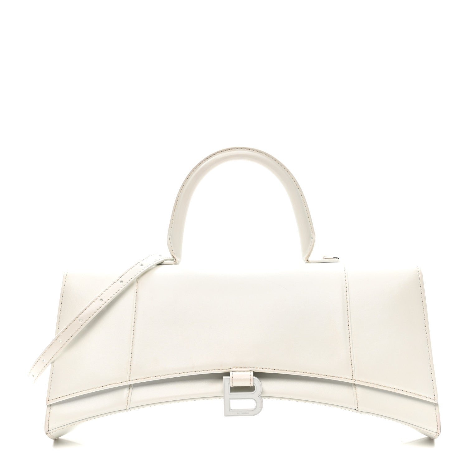 Balenciaga Shiny Box Calfskin Tonal B Hourglass Stretch Top Handle Bag White