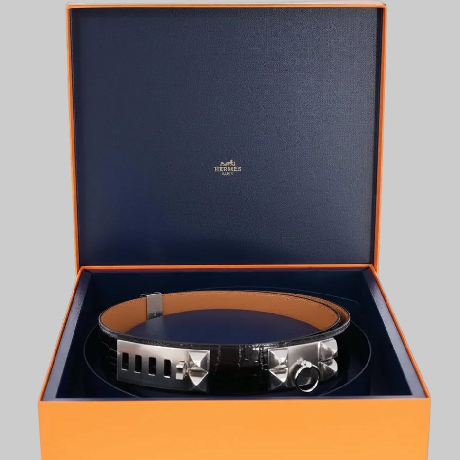 Hermès Collier de Chien Belt Faubourg en Fête Porosus Crocodile Size 80 Palladium Hardware
