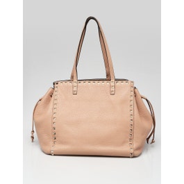 Valentino Valentino Beige Pebbled Leather Rockstud Drawstring Tote Bag