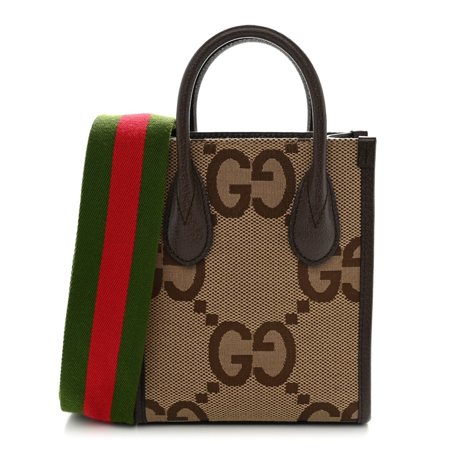 Gucci Monogram Jumbo GG Textured Dollar Calfskin Web Mini Vertical Tote Camel Ebony New Acero
