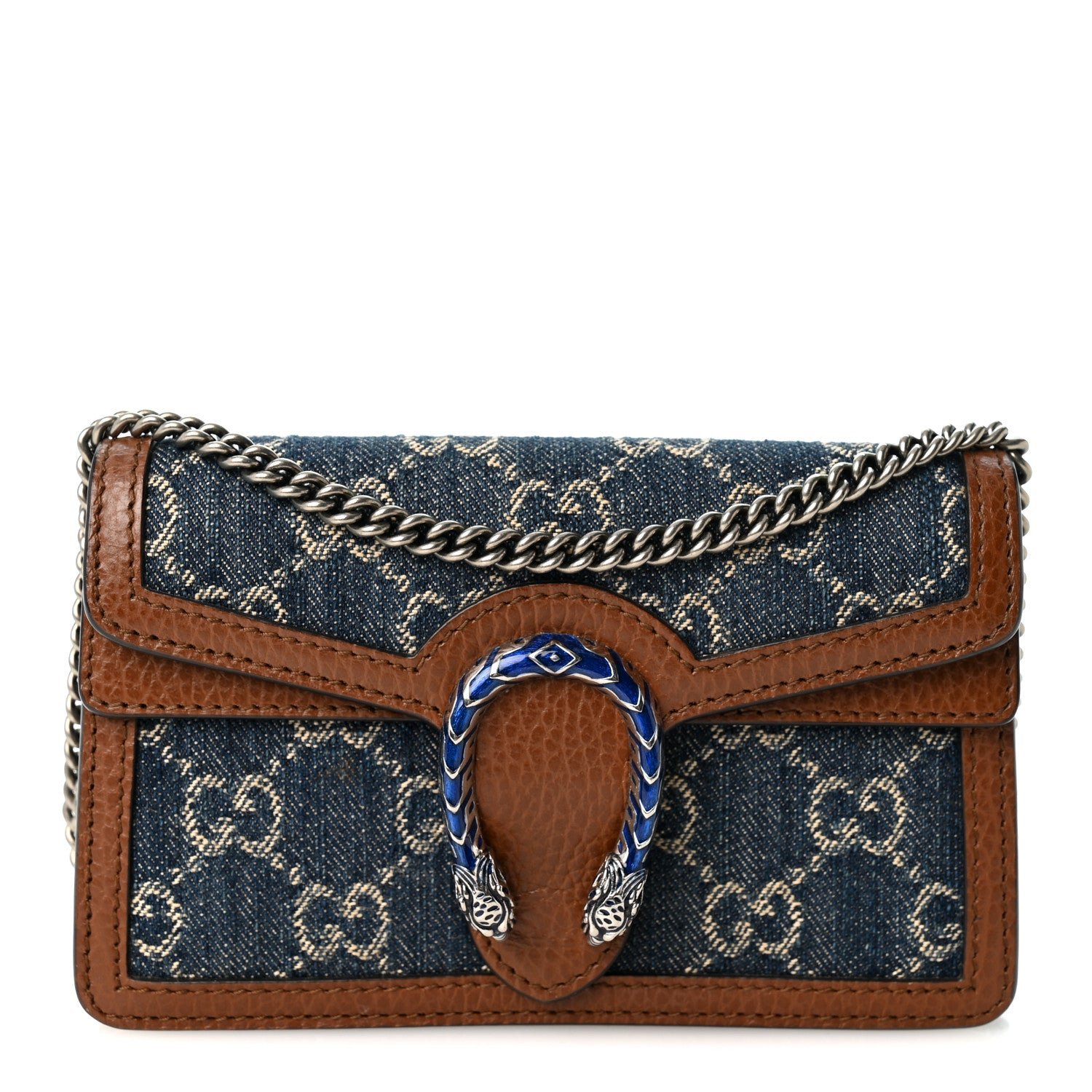 Gucci New Denim GG Monogram Dollar Calfskin Enamel Super Mini Dionysus Shoulder Bag Blue Tea Cuir Epilog Electric Blue