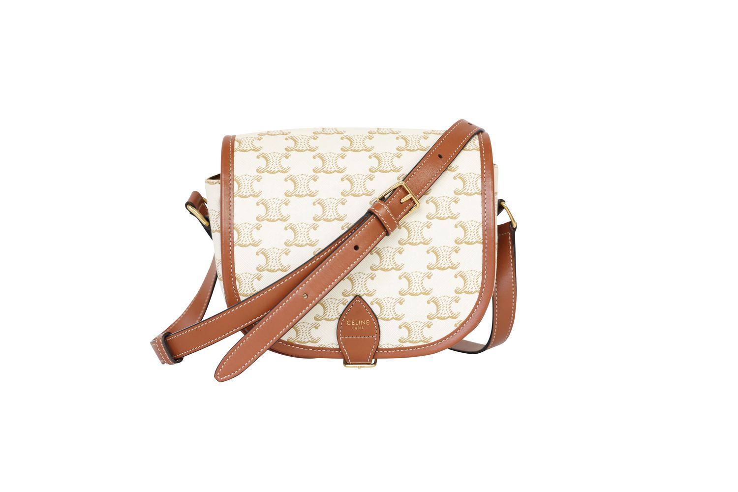Celine Folco Bag, White Triomphe Canvas and Tan Leather with Gold Hardware, Preowned in Box WA001