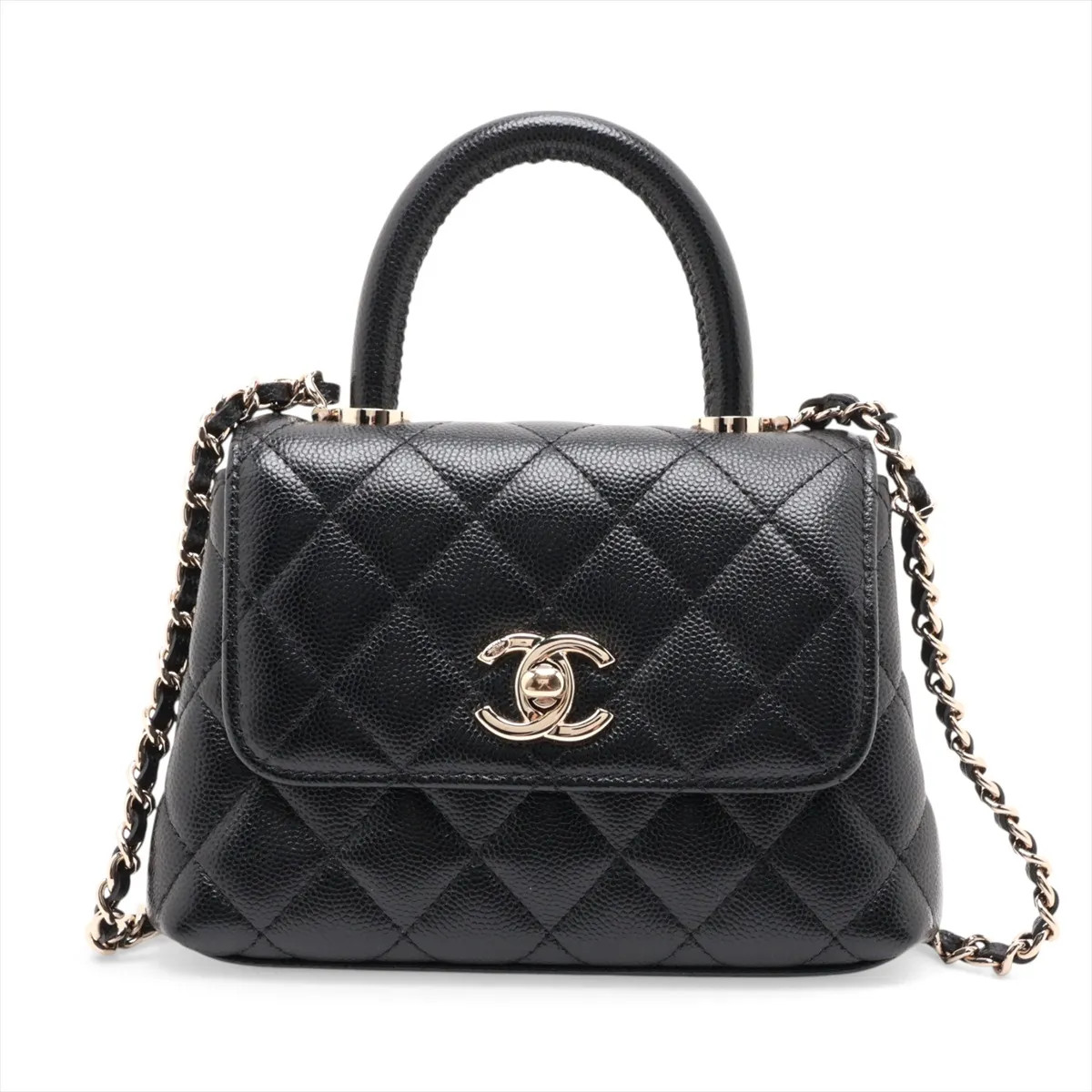 Chanel Matelasse Caviar Skin 2 Way Handbag Black Gold Metal Fittings random seri