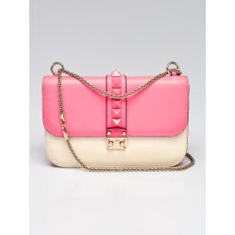 Valentino Valentino Pink/White Leather Rockstud Glam Lock Medium Flap Bag