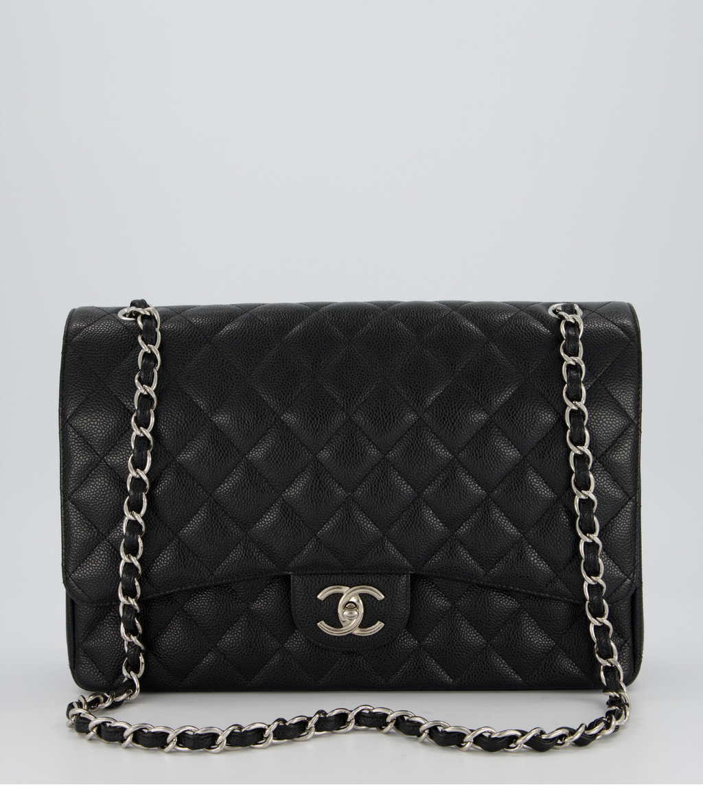 Chanel Maxi Classic Double Flap Bag in Black Caviar Leather with Silver Hardware
