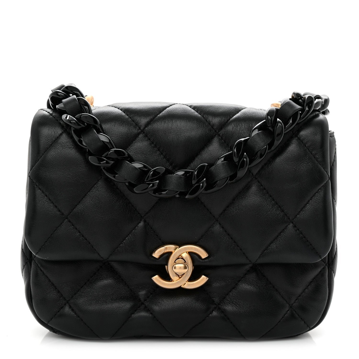 Chanel Lambskin Quilted Mini Lacquered Chain Flap Black