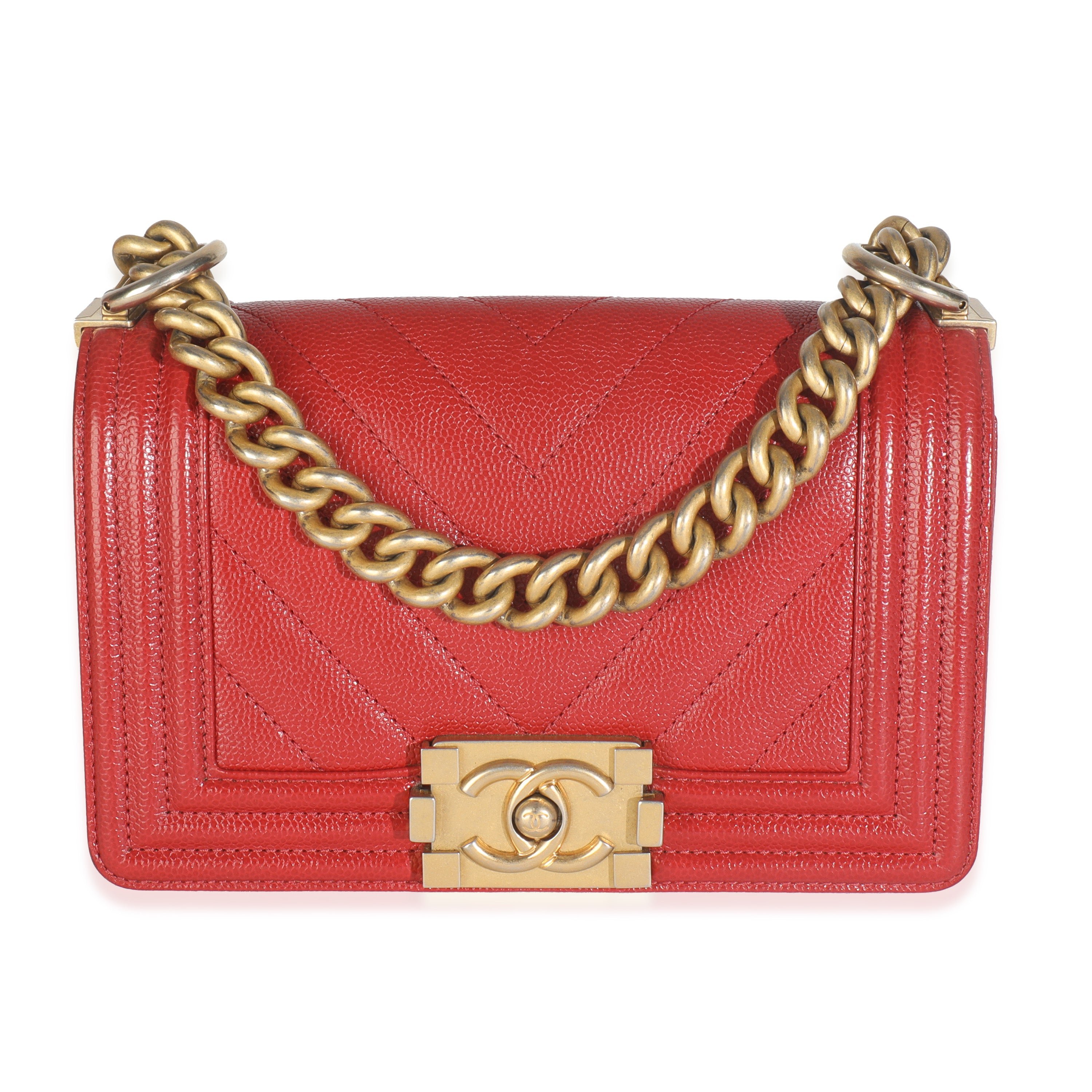 Chanel Red Quilted Caviar Chevron Small Boy Bag