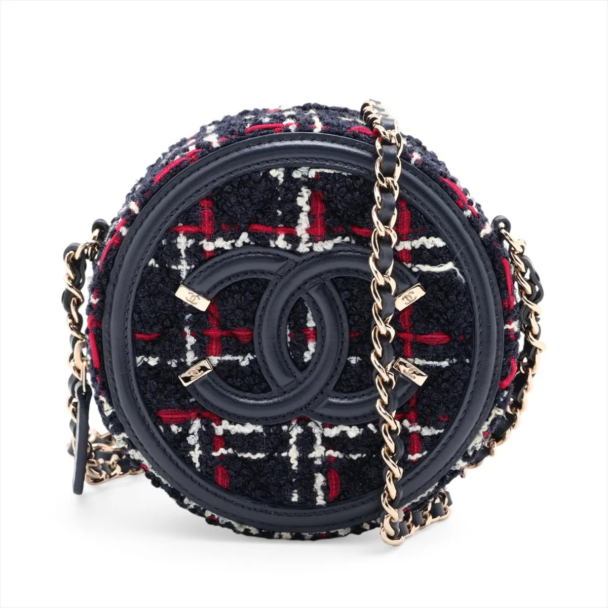 Chanel CC Filigree Suede Chain Shoulder Bag Round Navy Blue Gold Metal Fittings