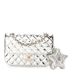 Chanel Mirror Calfskin Metallic Calfskin Medium Hollywood Boulevard Flap With Star Coin Purse Silvery