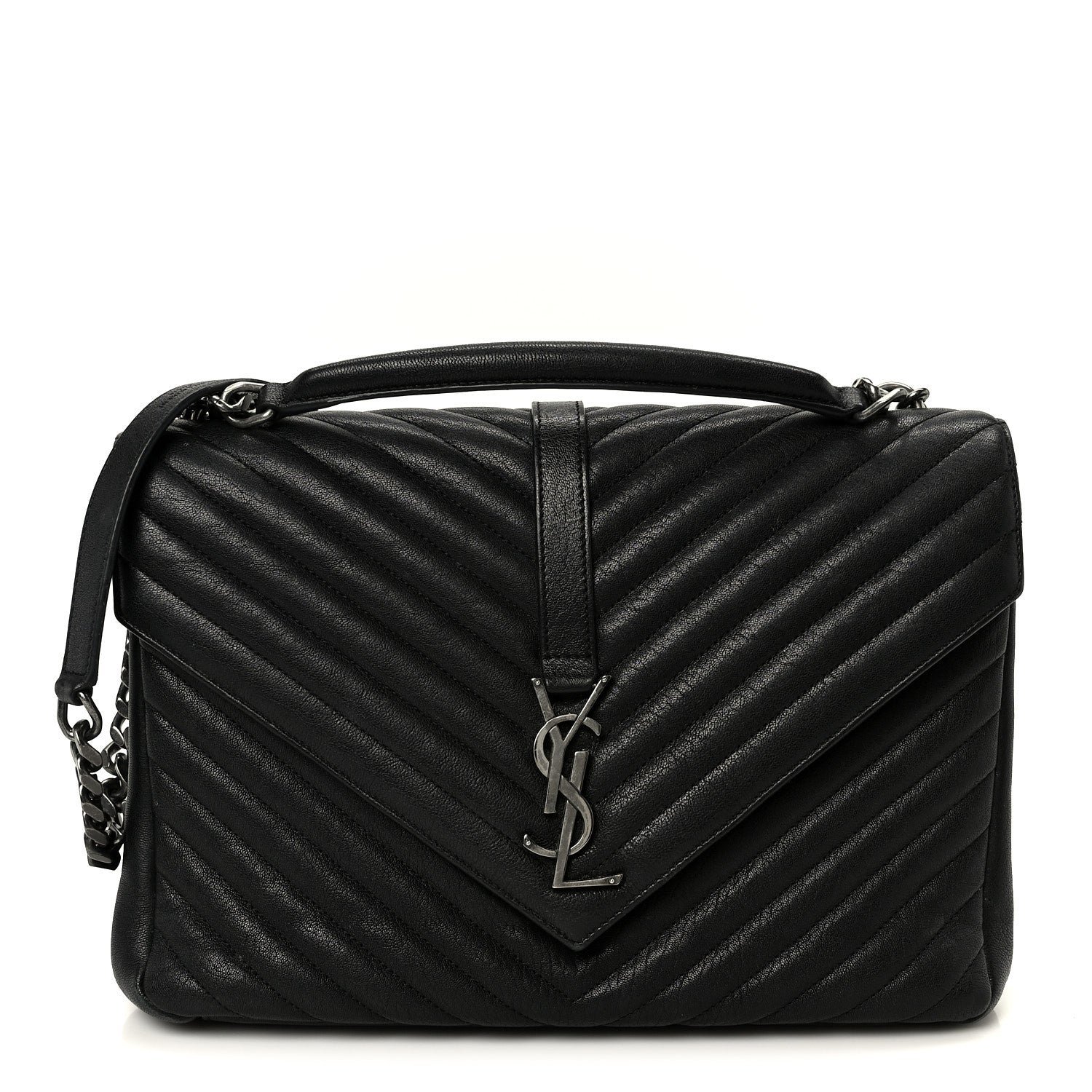Saint Laurent Sheepskin Matelasse Chevron Monogram Large College Satchel Black