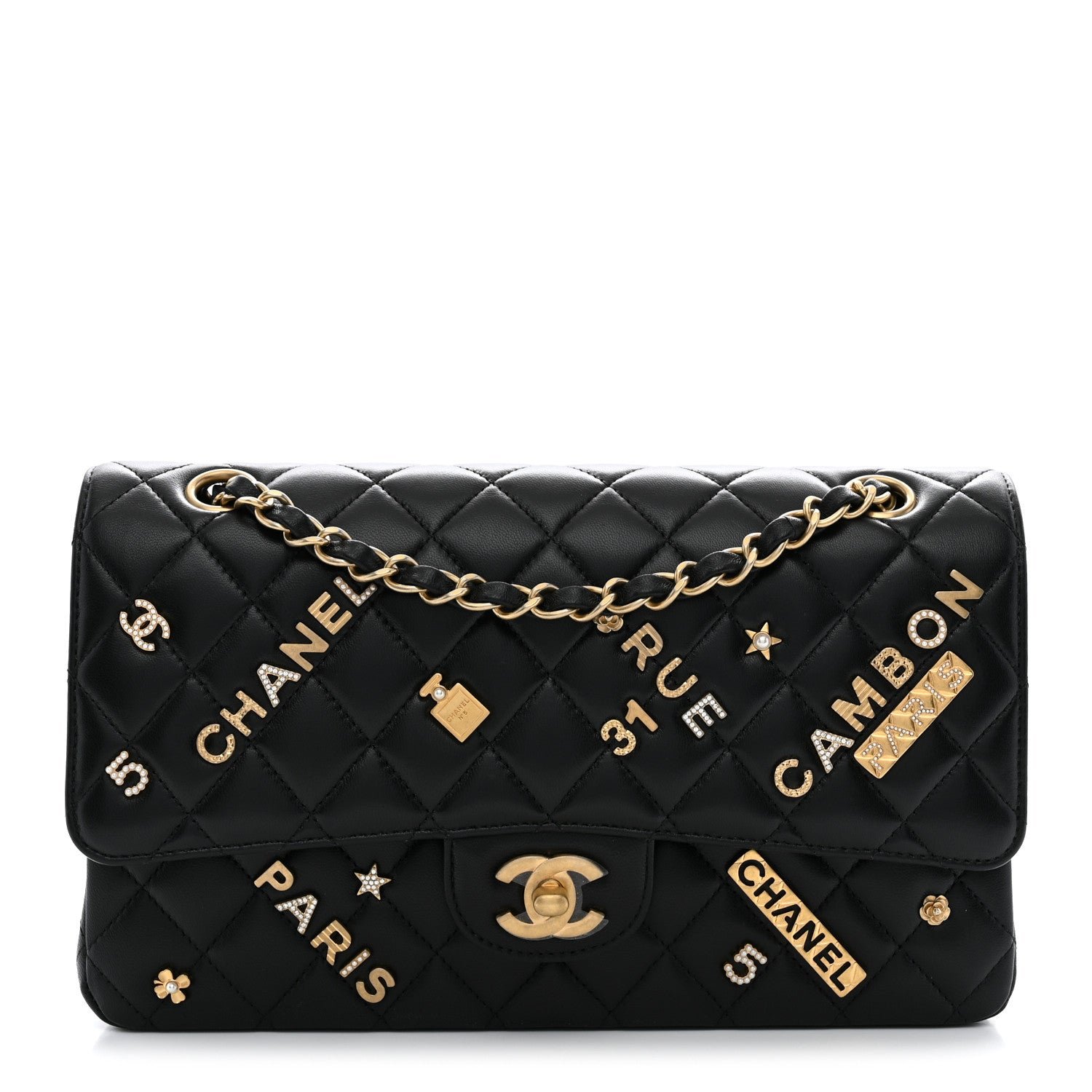 Chanel Lambskin Quilted Medium Rue Cambon Charms Double Flap Black