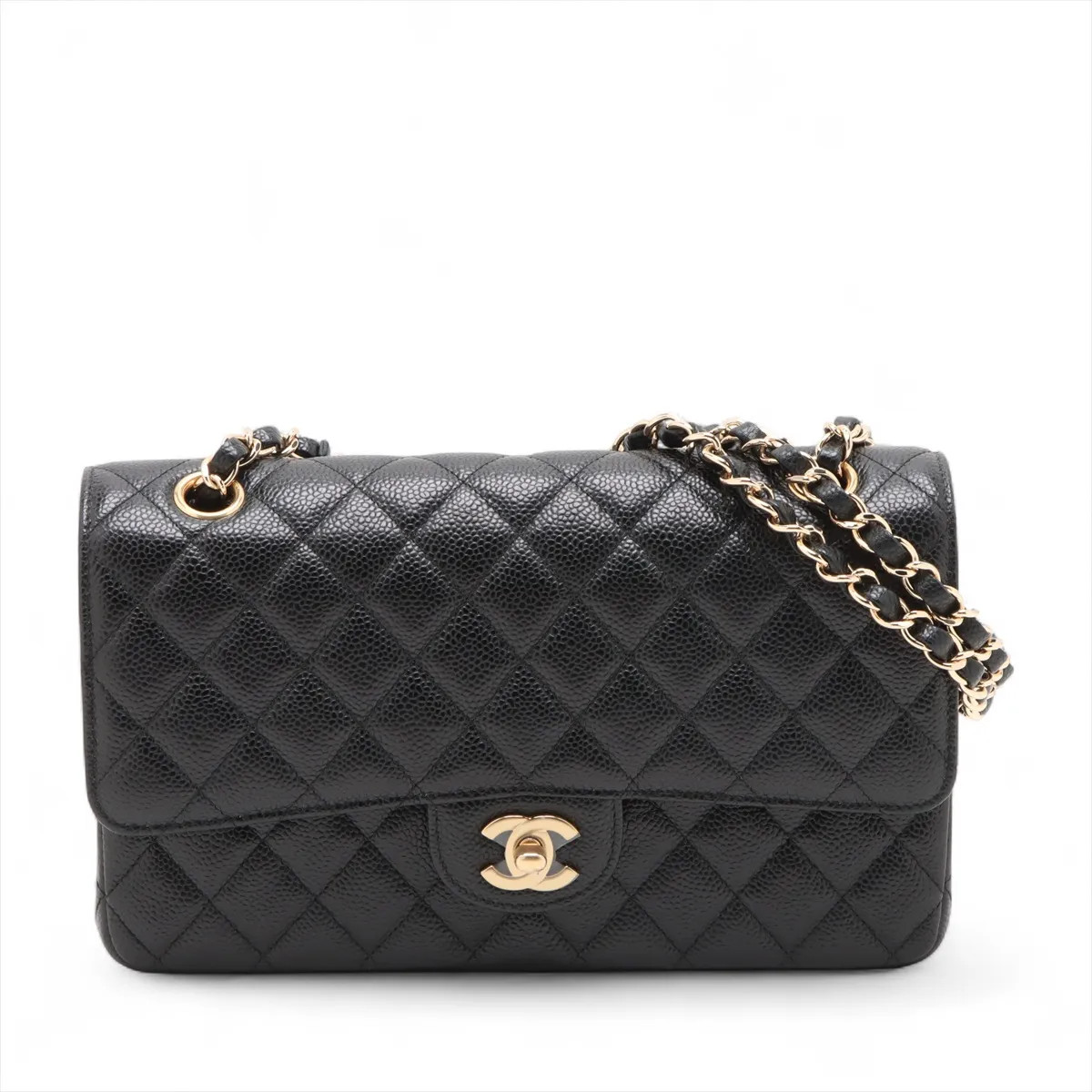 Chanel Matelasse 25 Caviar Skin Double Flap Double Chain Bag Black Gold Metal Fi