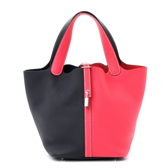 Hermes Taurillon Clemence Casaque Picotin Lock 18 PM Rose Extreme Bleu Nuit