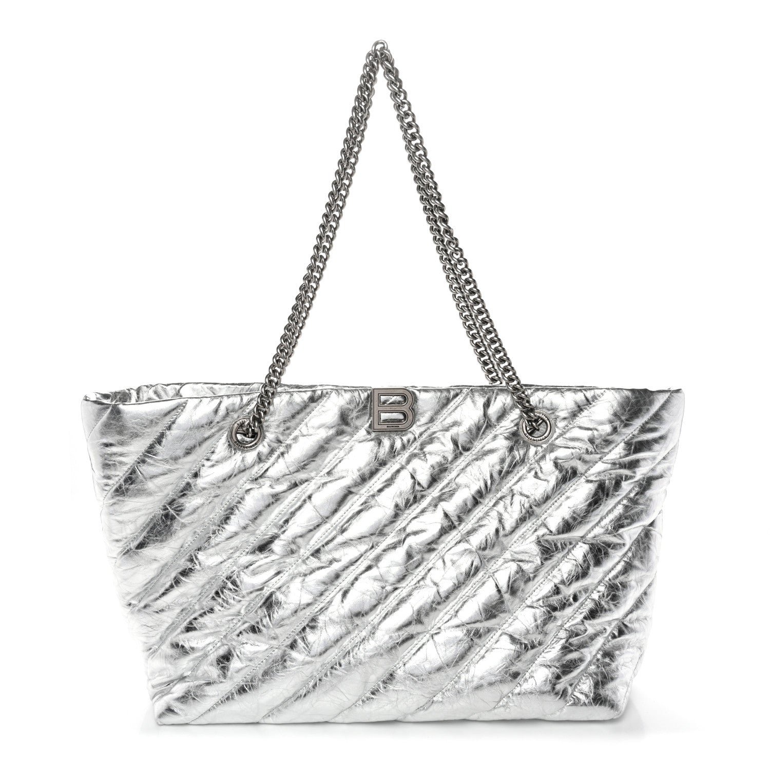 Balenciaga Metallic Crushed Calfskin Quilted Medium Crush Carry All Tote Bag Silver