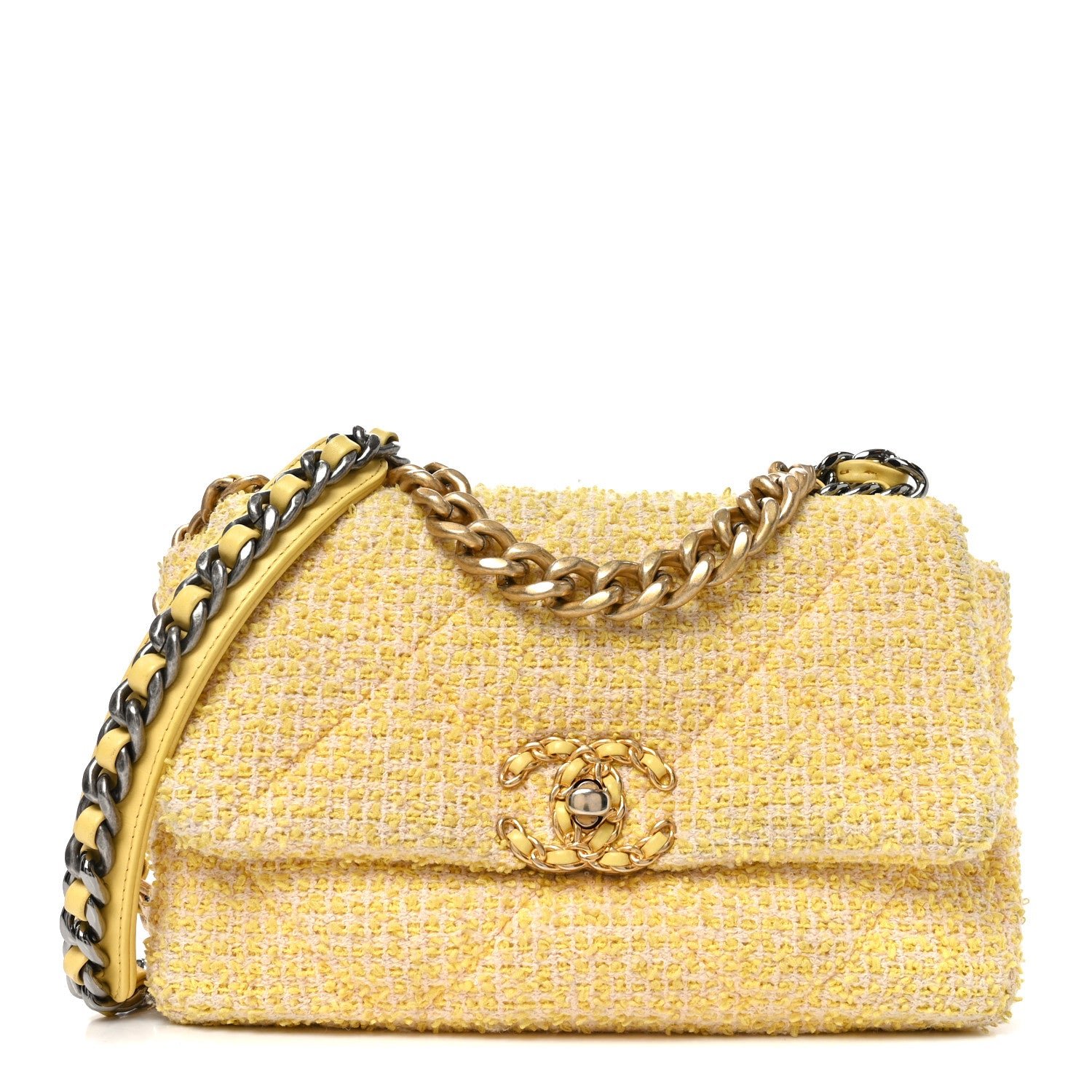 Chanel Tweed Quilted Medium Chanel 19 Flap Yellow Pink