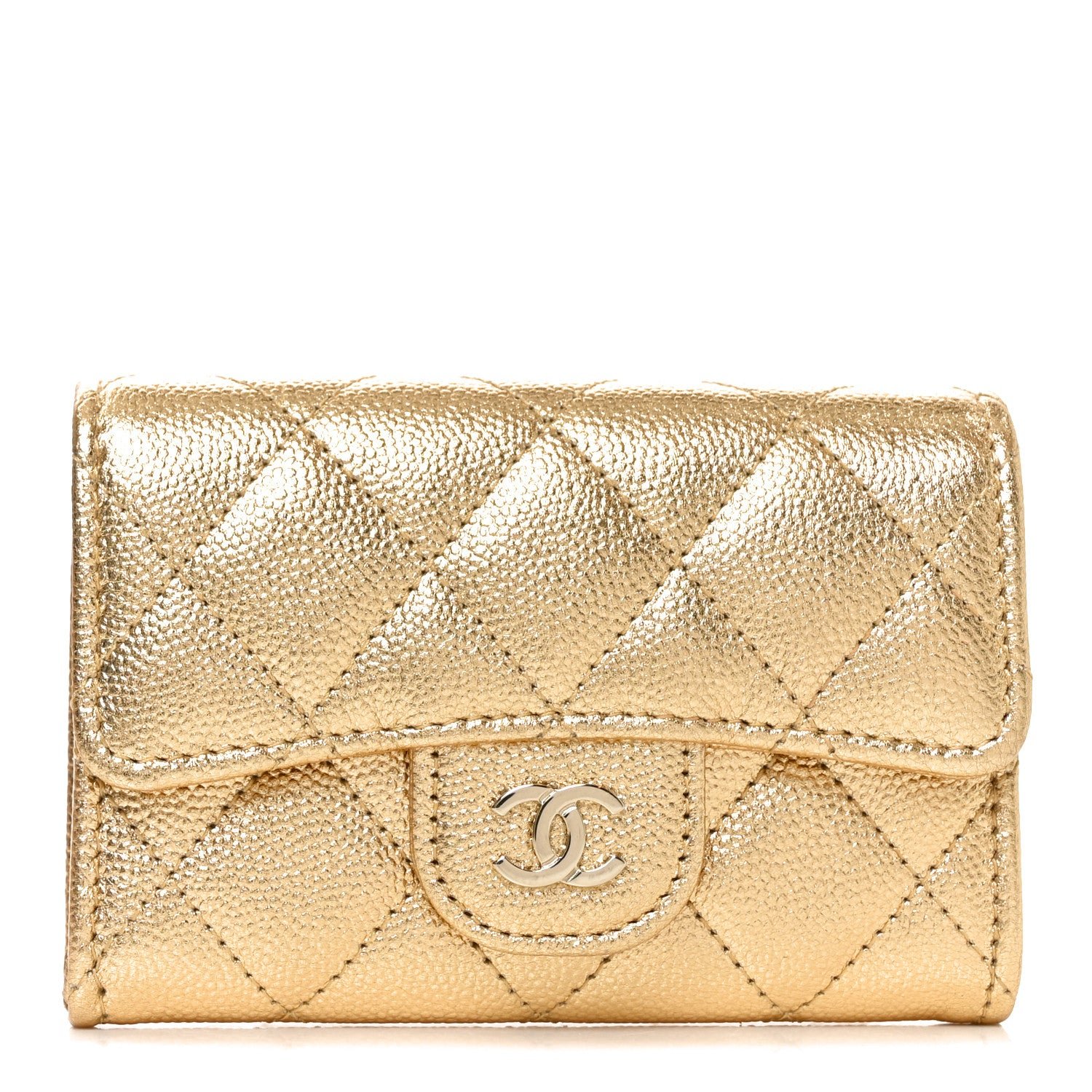 Chanel Metallic Caviar Quilted Flap Card Holder Wallet Gold