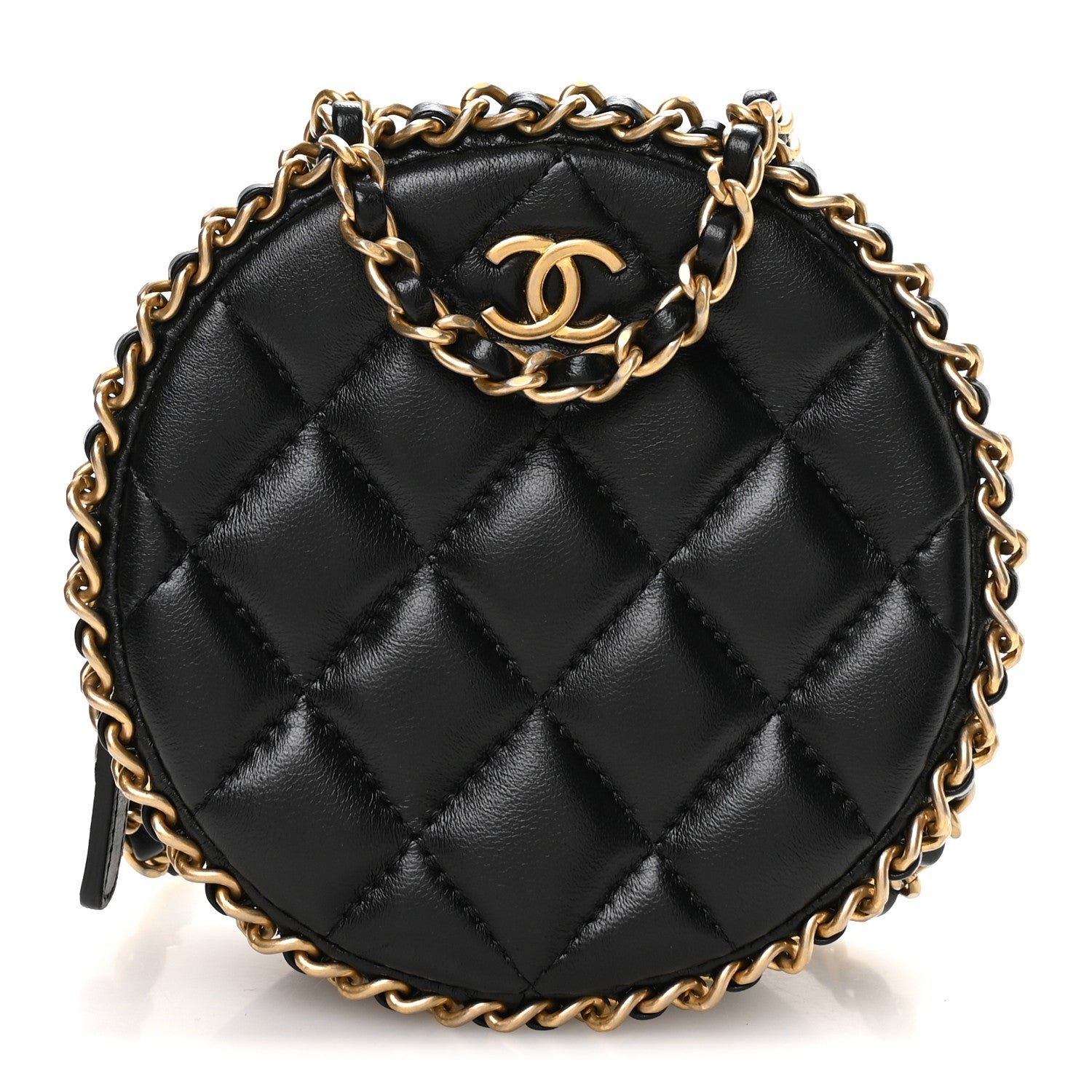 Chanel Lambskin Quilted Chain Around CC Round Clutch With Chain Black