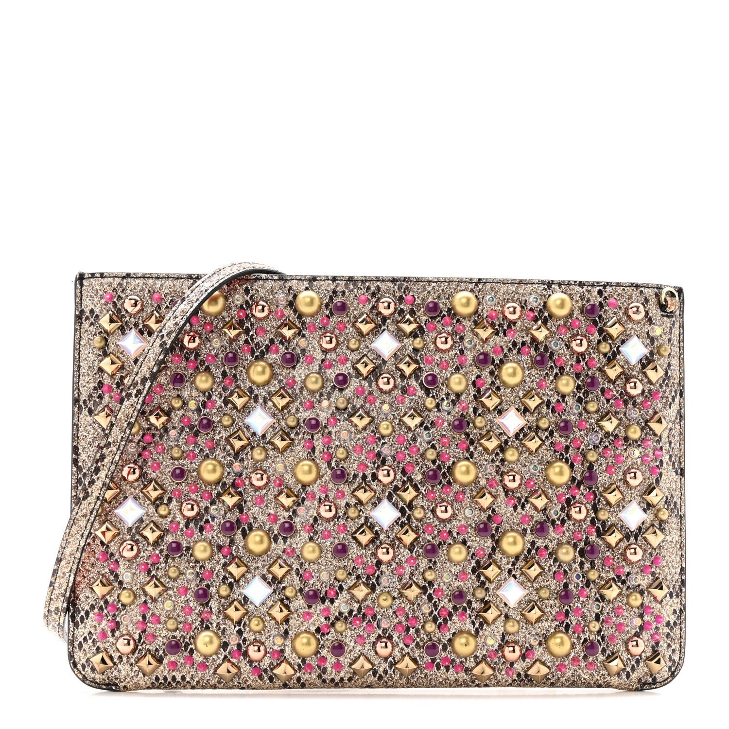 Christian Louboutin Christian Louboutin Metallic Snakeskin Embossed Spikes Loubiposh Clutch Gold Pink