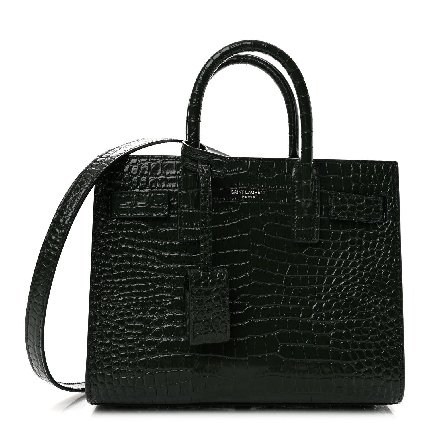 Saint Laurent Calfskin Crocodile Embossed Nano Sac De Jour Dark Green