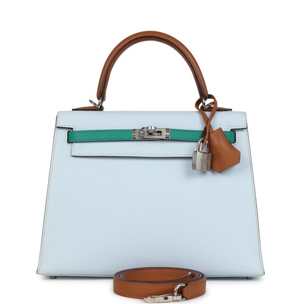 Hermes Hermes Kelly Sellier 25 Tri-Color Bleu Brume, Gold and Vert Jade Epsom Epsom Palladium Hardware