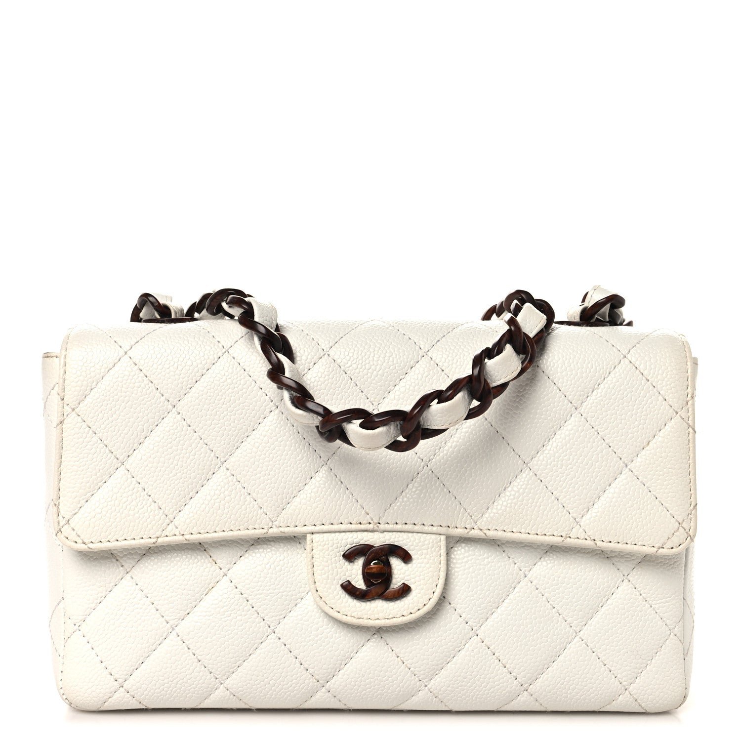 Chanel Caviar Quilted Tortoise Medium Single Flap White